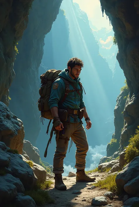 a young man age 26 adventurer exploring a mysterious cave, detailed facial features, high quality intricate details, photorealistic, digital painting, dramatic lighting, cinematic composition, rich color palette, fantasy landscape, epic journey