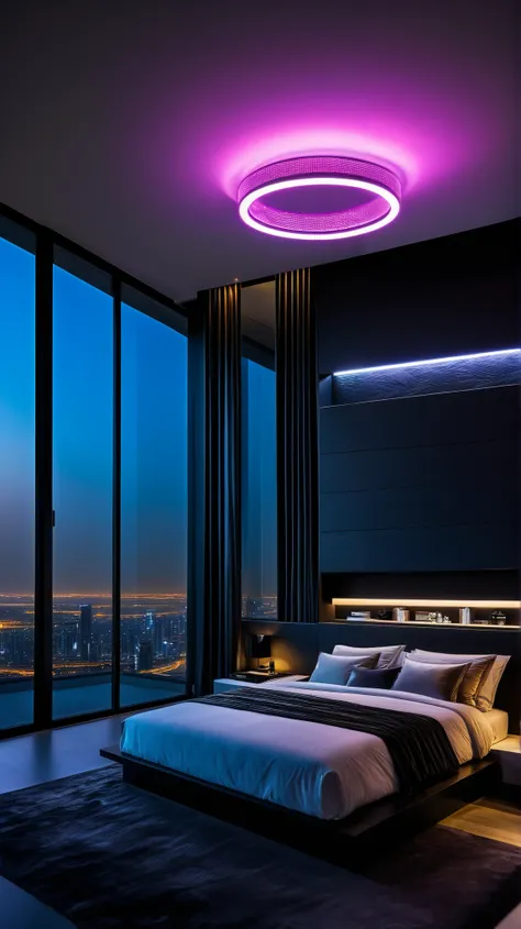 La chambre à coucher d' Une maison d'architecte ultra moderne de style penthouse, dark design, nichée au sommet des gratte-ciels de Dubaï avec s énormes baies vitrées qui offrent une vue panoramique à couper le souffle sur la ville. Lors du coucher de sole...