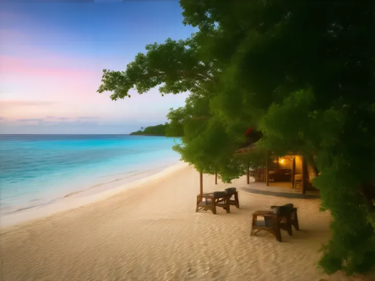 A breathtaking scenic view of a tropical beach, crystal-clear turquoise water, golden sands, and lush green palm trees. In the background, a vibrant sunset paints the sky with hues of orange, pink, and purple. A cozy beachside hut with wooden chairs and ta...