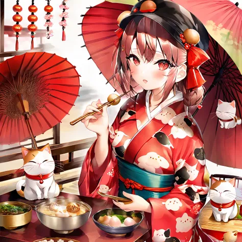   1 Girl、 Cat pattern cooking clothes and cat ear hat、Make cat dumplings、 red chair、Under the big red umbrella、A woman wearing a cat-patterned kappou suit holds a cat dango in her hand、Act with customers