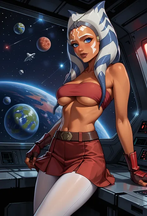 score_9, score_8_up, score_7_up, (cartoon style:1.2), Cartoon image of a beautiful woman, beautiful waifu, (Ahsoka Tano, orange skin:1.2), (maroon tube top, maroon tight skirt:1.3), underboob,  (closed boots, fingerless gloves:1.2), belt, (white leggings:1...