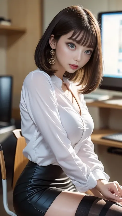 Black(( micro pencil skirt overlooking the city from the top of a hill、 stockings、 pin heels))、White blouse、 1 girl、 blonde、 Straight Bob Hair 、Medium breast、 skinny body、Earrings、(Inside the company、In front of the computer desk、Sit in an office chair)、((...