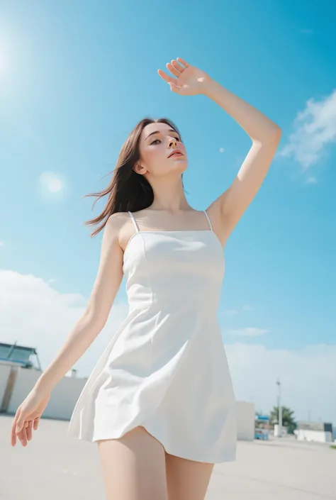 "Outdoor setting with a clear blue sky and soft white clouds. A young woman in a minimalist sundress, posed dynamically with her head tilted back, eyes closed, and her right hand resting on her forehead. hair flows naturally in the sunlight. Body fills the...