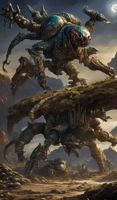  Desolate landscape of original tyrannical planet , dark fantasy from the Warhammer 40000 , Hoar, alta resolución,  body masterpiece,  Precise,  anatomically correct,  spider legs and throated jaws coming out of the Earth.