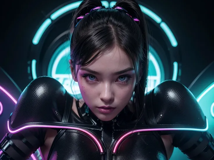  sexy cyborg girl ,  sexy and sensual swimsuit ,  Without loose clothing  , half-open swimsuit ,  look seductive, seduction,  biting half her lips , (( full body,  a woman in a futuristic swimsuit with a neon background)), cyborg girl, ciborgue - woman,  b...