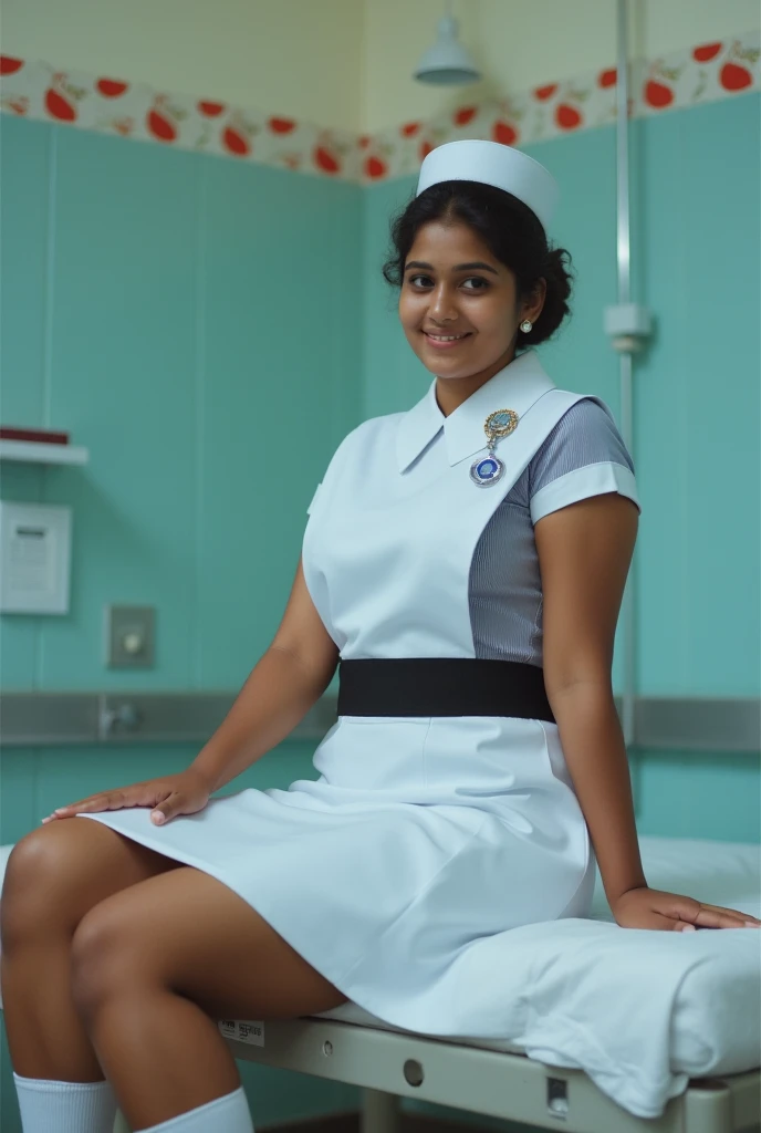 photo of a Sri Lankan 25 years old nurse, wearing nurse cap, nurse uniform, white above knee skirt, white socks, white nurse shoes, classic bun short hair, black strip in waist, big breast, cinematic lighting, smiling face, lying on a bed in sri lankan hos...