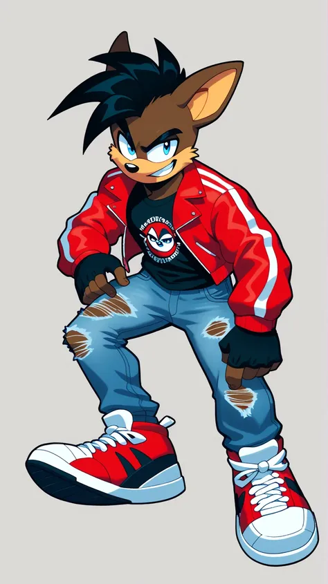 Male furry ager amirhossein hedgehog 
General Appearance: An anthropomorphic animal character with large ears and dark hair.
Color Scheme: Includes black hair, bright blue eyes, a red jacket, blue ripped jeans, and red-and-white sneakers.
Clothing: A red z...