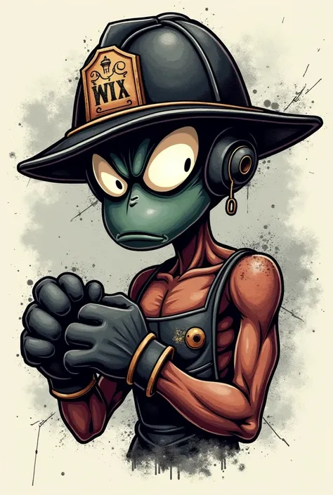 Vector Style, ((comic art)), (cartoon style) a 5, lowbrow art, "Design an intricate tattoo core t-shirt logo with a bold, vintage, and rugged look. At the center, place closeup image of a strong, muscular roughed-up Marvin the Martian wearing work black Gl...