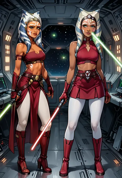 score_9, score_8_up, score_7_up, (cartoon style:1.2), Cartoon image of a beautiful woman, beautiful waifu, (Ahsoka Tano, orange skin:1.2), (maroon tube top, maroon tight skirt:1.3), (closed boots, fingerless gloves:1.2), belt, (white leggings:1.1), flirt, ...