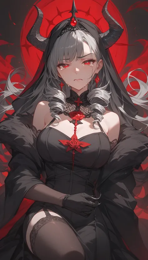 alone,girl, in red eyes ,The devil,scary, black hair,deity, Long Sleeve Elegant Black Dress, black-horned,I tied my hair, villains, Medium Chest,Thin,, cute,smilingly, he's a spiral. Drill ,Multi-colored hair, black hairเยอะ, slightly gray hair,Long hair,,...