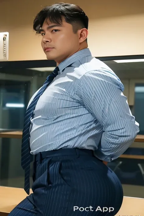 40-year-old boy ,Korean bulky male officer ,Wear navy blue police uniform shirt................ pinstripe navy blue smooth tight trouser, transparent pants obvious underwear print ,((unrealistic super big tight butt wearing pants)), legs wide open, legs on...