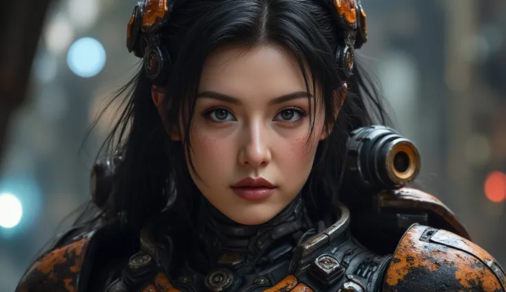 8k, UHD, Realistic, full body, Beautiful, captivating, female space marine from 20 and Back project, facial mixed of Kim Ji-won, highly detailed face, fiery and weary looked yet captivating, deep cleavage, depending the Kuiper Belt from Draconian, heavily ...