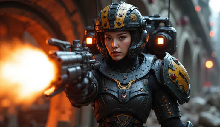 8k, UHD, Realistic, full body, Beautiful, captivating, female space marine from 20 and Back project, facial mixed of Kim Ji-won, highly detailed face, fiery and weary looked yet captivating, deep cleavage, depending the Kuiper Belt from Draconian, heavily ...