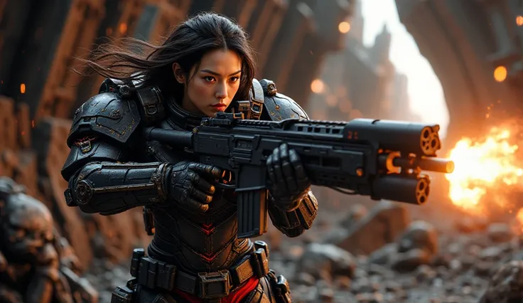 8k, UHD, Realistic, full body, Beautiful, captivating, female space marine from 20 and Back project, facial mixed of Kim Ji-won, highly detailed face, fiery and weary looked yet captivating, deep cleavage, depending the Kuiper Belt from Draconian, heavily ...