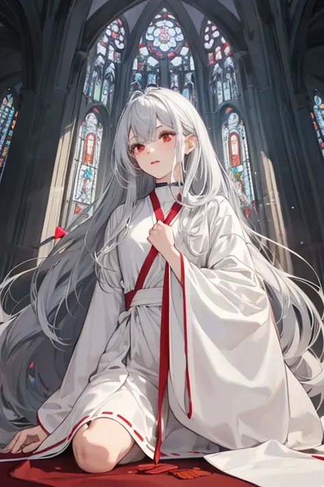 1 girl　 Silver Hair　 long hair　 red eyes　 white robe　 dress 　church　 Stained Glass　sit