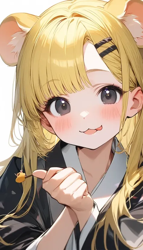 hamster ear 少女,  Cute Hamster Ears ,  very realistic yellow hamster  , perfect anatomy,   long yellow hair , 非常に  long hair,  straight perm, bangs, (((bangsに赤い蝶のヘアクリップ))),  black eyes,  New Look,   long hair, Yellow Hair, white inner hair , ：3,   oversized...