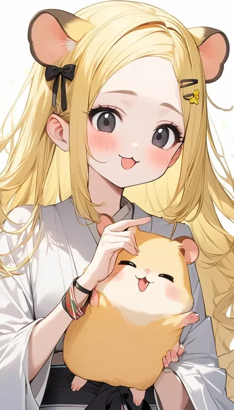 hamster ear 少女,  Cute Hamster Ears ,  very realistic yellow hamster  , perfect anatomy,   long yellow hair , 非常に  long hair,  straight perm, bangs, (((bangsに赤い蝶のヘアクリップ))),  black eyes,  New Look,   long hair, Yellow Hair, white inner hair , ：3,   oversized...