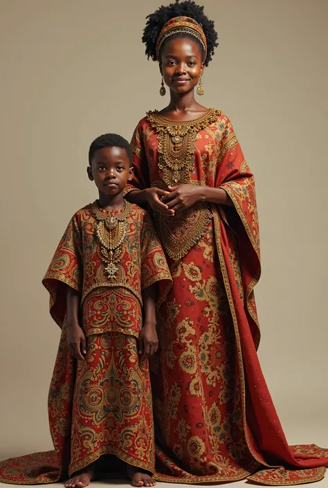 A beautiful African lady on traditional gown standing with a cute African  of 8yrs with the same attire 