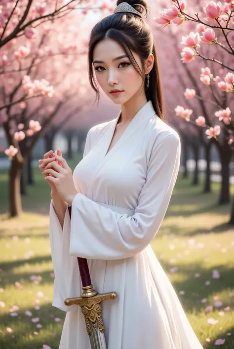 A beautiful girl in white Taoist robes, holding a sword with gorgeous ornamentation in her right hand, standing amidst peach trees, (best quality, masterpiece, highres:1.2), (realistic, photorealistic:1.37), extremely detailed eyes and face, beautiful deta...