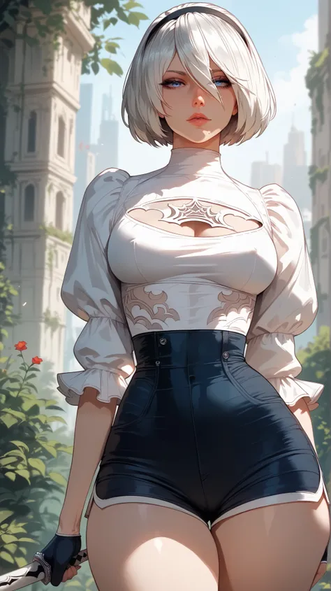 YoRHa No style.2 Type B,  perfect eyes,  perfectly sexy face, ultra detailed,  ultra perfect eyes ,  big beautiful woman , standing, dark blue shorts, Body,  looking at the spectator,