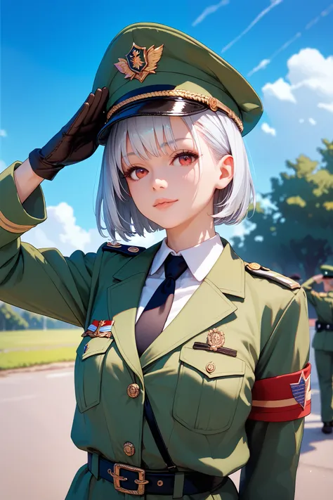 masterpiece, best quality, detailed, female army officer, silver short hair, red eyes, green army hat, green army jacket, white shirt, black tie, salute, outdoor, anatomically correct, portrait,