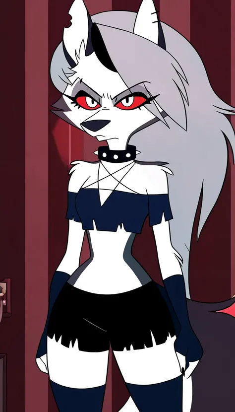 anime screencap, absurdres, high quality, official style, 1girl, solo, loona \(helluva boss\), loona, long hair, red eyes, animal ears, collarbone, tail, grey hair, wolf ears, claws, wolf tail, furry, colored sclera, furry female, wolf girl, body fur, whit...