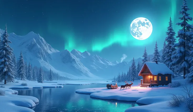 A deserted snowy landscape in the Arctic, 3D Pixar style, a big full moon in the night sky, snow-covered mountains in the background, northern lights dancing in the sky, a small wooden cabin nestled between the hills, smoke coming out of the chimney, a fro...