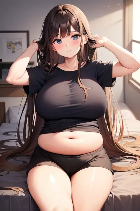 A 18 year old girl, Long Brown Hair, Wearing a Navy T-shirt and black Shorts, in her room, her body is really fat, she has a massive belly, her leg are REALLY REALLY FAT (she 167KG), she overweghit and cant stand