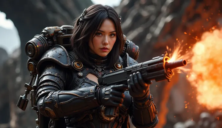 8k, UHD, Realistic, full body, Beautiful, captivating, female space marine from 20 and Back project, facial mixed of Kim Ji-won, highly detailed face, fiery and weary looked yet captivating, deep cleavage, depending the Kuiper Belt from Draconian, heavily ...