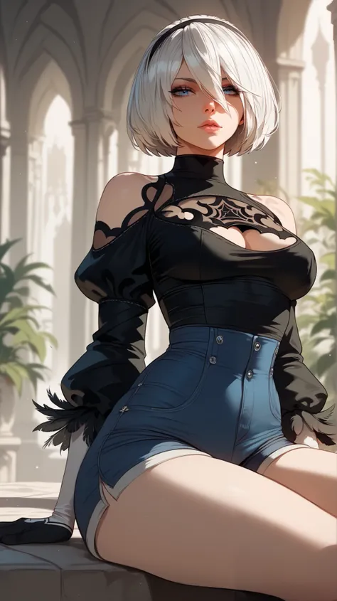 YoRHa No style.2 Type B,  perfect eyes,  perfectly sexy face, ultra detailed,  ultra perfect eyes ,  big beautiful woman , sitting, dark blue shorts, Body,  looking at the spectator,