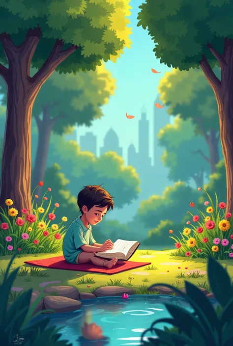 A peaceful cartoon-style garden with ren sitting on a mat, reading the Arabic text 'Laa Ilah Ilah Allah Muhammad Rasool Allah' and its Urdu translation 'There is no god but Allah, Muhammad (may Allah's peace and blessings be upon him). ' The environment is...