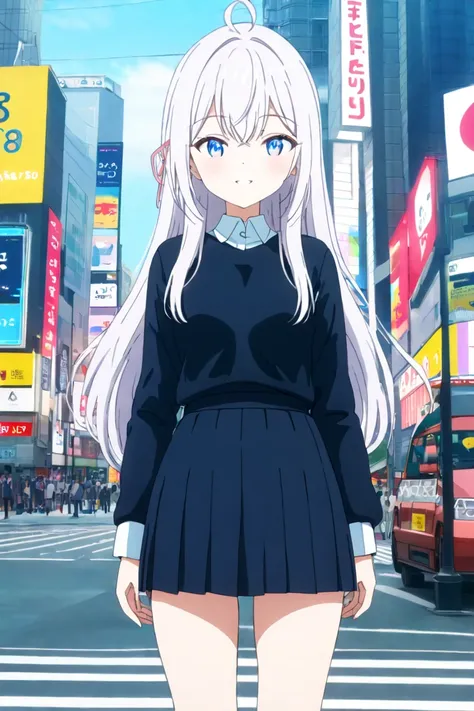 Alya, at Kabukicho street Shinjuku Tokyo , Wearing short skirt, High Resolution, Long Hair, Looking at viewer, Smile, Blush, Blue eyes,,White Hair with least silver, Wide Shot, Anime Style, Anime, High Resolution, Accurate, Detail, HD, High Quality, UHD, T...