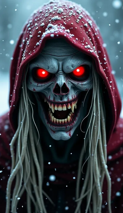 A terrifying close-up portrait of a zombie-like figure wearing a dark red hood covered in snow. The figure has long, stringy pale blonde hair, grey decaying skin with visible cracks and dark patches. Glowing bright red eyes with an intense, supernatural st...