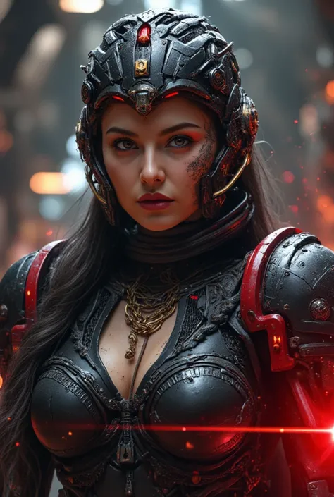 8k, UHD, Realistic, full body, Beautiful, captivating, female space marine from 20 and Back project, facial mixed of Kim Ji-won, highly detailed face, fiery and weary looked yet captivating, deep cleavage, depending the Kuiper Belt from Draconian, heavily ...