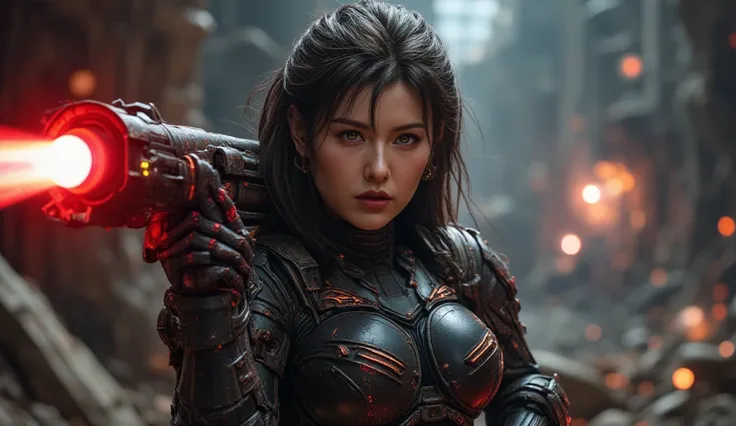 8k, UHD, Realistic, full body, Beautiful, captivating, female space marine from 20 and Back project, facial mixed of Kim Ji-won, highly detailed face, fiery and weary looked yet captivating, deep cleavage, depending the Kuiper Belt from Draconian, heavily ...