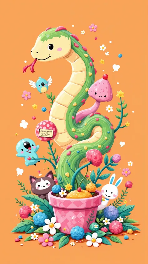 Whimsical cartoon snake, colorful flowers, cute animals, pastel colors, happy new year 2025 sign, potted plant, kawaii style, playful illustration, orange background, digital art, ren's book illustration, fantasy creatures, mushroom, cat, rabbit, bird, gho...