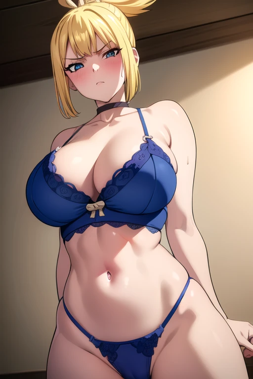 masterpiece, best quality, highres, 1girl, solo, blush, rounded breasts, large breasts, hair_band blue, looking at the viewer, kohaku, blonde hair, blue eyes, hair ornament, ponytail, blonde, blue  lace bra, blue lingerie, standing, disgusted face,sexy pos...