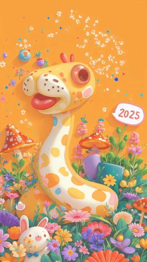 Whimsical cartoon snake, colorful flowers, cute animals, pastel colors, happy new year 2025 sign, potted plant, playful illustration, orange background, digital art, ren's book illustration, fantasy creatures, mushroom, cat, rabbit, bird, ghost, cheerful c...