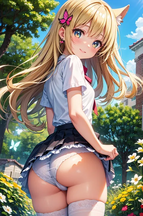 A beautiful girl walking in the garden, anime girl, 1 girl, (20 years old girl), (aged up), blonde hair, long hair, wavy hair, shiny hair, butterfly hair ornament, glowing eyes, amber eyes, earrings, shy, blush, nervous smile, nervous, red lips, white blou...