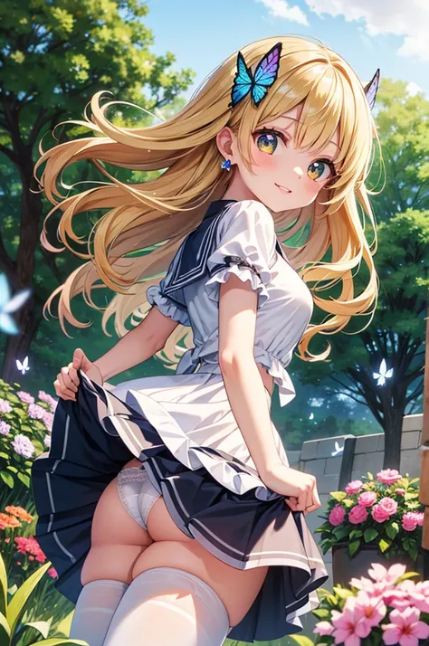 A beautiful girl walking in the garden, anime girl, 1 girl, (20 years old girl), (aged up), blonde hair, long hair, wavy hair, shiny hair, butterfly hair ornament, glowing eyes, amber eyes, earrings, shy, blush, nervous smile, nervous, red lips, white blou...