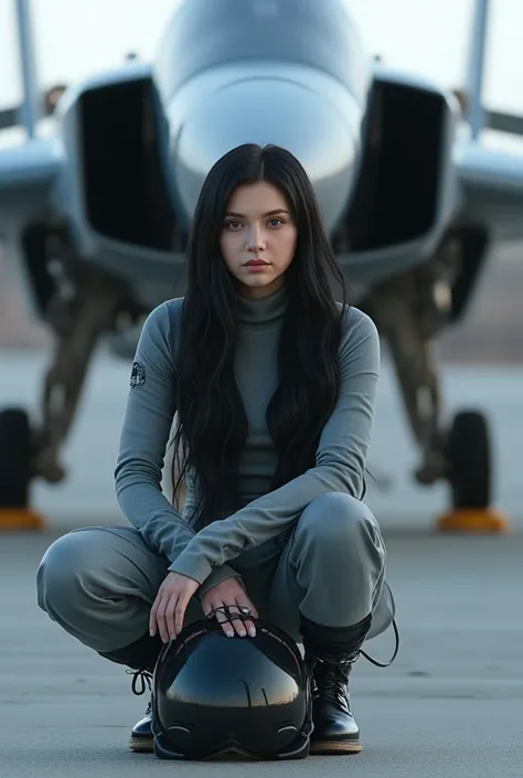 8K, UHD, realistic, war pilot girl squat in front of a destroyer aircraft, cyberpunk, handing helmet, flowing long black hair, futuristic autonomous AI war air craft, interceptor, iconic squat firm stance, soft focus, gentle bokeh, peaceful atmosphere, low...