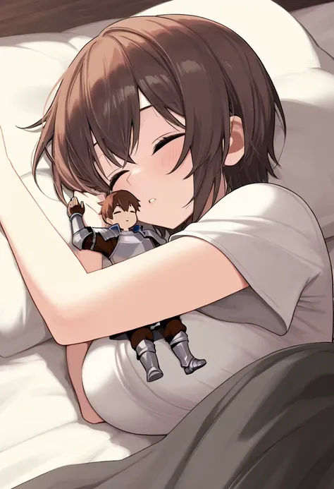 (macro size: 1.3), bed, 1boy,  laying in bed, sleeping, 1girl, (miniature man in front of a cute girl), penis, adventurer, knight, tight hug, (closeup arm chest and face: 1.1)