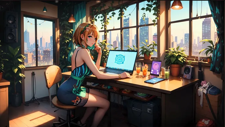 "A woman working on a laptop late at night in an industrial-style urban loft. She is wearing a sleek purple mini dress, sitting on a minimalist desk chair. The room has exposed brick walls, large windows showing the city lights, and faint neon reflections....