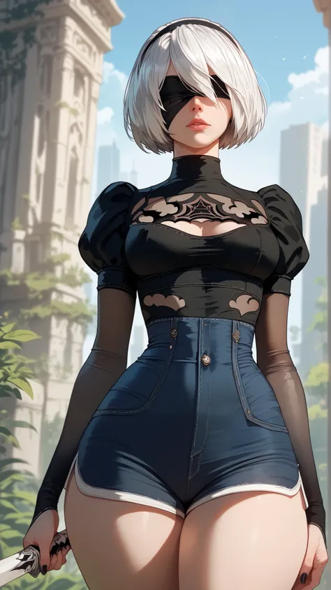 YoRHa No style.2 Type B,  perfect eyes,  perfectly sexy face, ultra detailed,  ultra perfect eyes ,  big beautiful woman , standing, dark blue shorts, Body,  looking at the spectator,