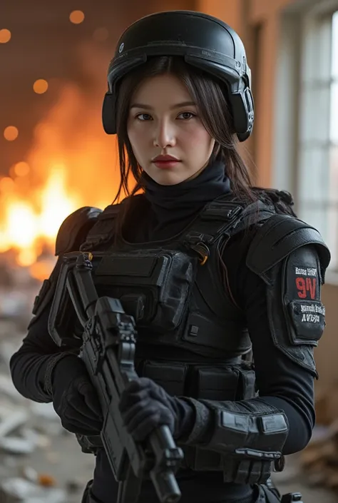 8k, UHD, Realistic, full body, Beautiful, captivating, female police special force, facial mixed of Kim Ji-won, deep cleavage, depending the Kuiper Belt from Draconian, heavily armed, heavily armored suit, special forces helmet, bullet proof vest,  display...