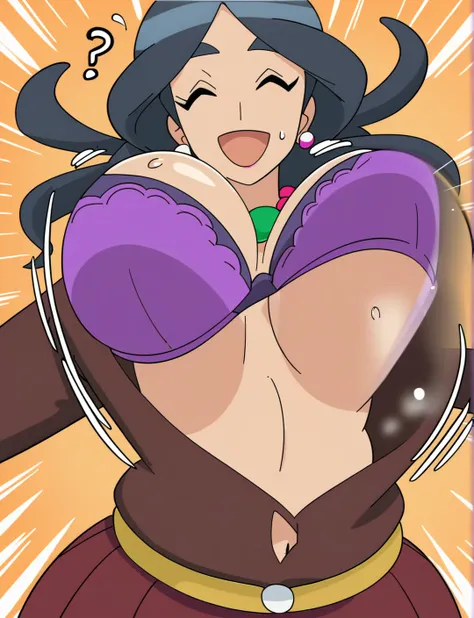 masterpiece,milf,score_9, score_8_ up, score_7_ up,Drasna,eyes closed,open mouth, Lift up shirt,Showing off deep purple bra,black hair, (huge juicy breasts:1.2),mature woman,necklace,  upper body red , Yellow Belt, Vertical striped skirt, Brown shirt, Long...