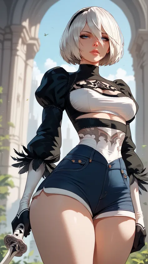 YoRHa No style.2 Type B,  perfect eyes,  perfectly sexy face, ultra detailed,  ultra perfect eyes ,  big beautiful woman , standing, dark blue shorts, Body,  looking at the spectator,