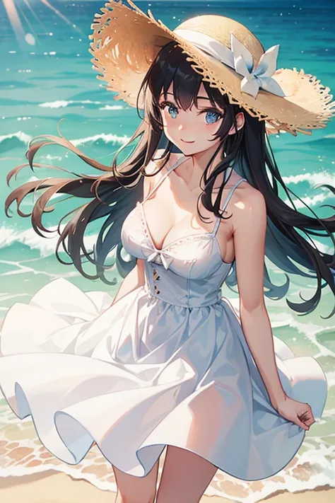 Beautiful girl wearing a white dress、 Mini Dress、 with skirt hem 、Smile、 superior、 cleavage、Expose your shoulders、walk、 straw hat、 beach