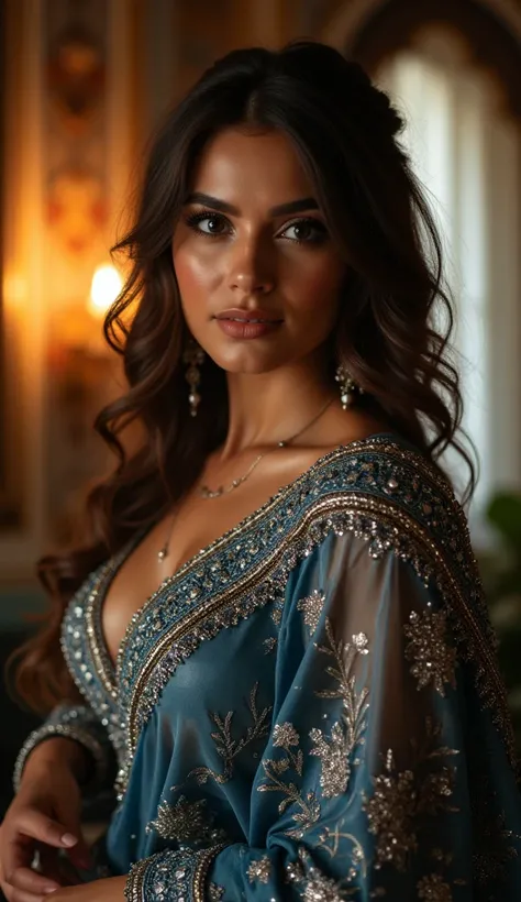 a hot brown haired women in a glittering intricate embroidery blue and white printed saree, ((Hot Saree)), big beautiful breast, curvy body, perfect body shape, Backless, sexy cleavage, ((Detailed Skin)), big wide ass, high quality, 4k, realistic, front  f...