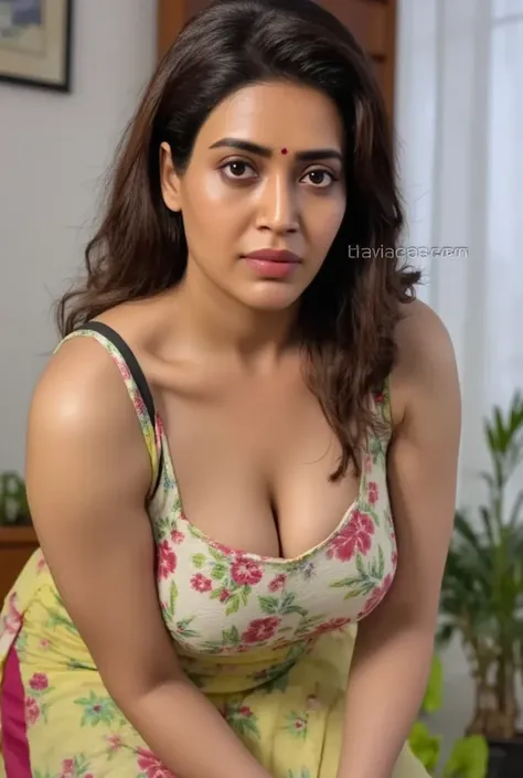 Indian hot Bhabhi leaning forward and bending down.wearng light Yellow colour salwar with Green and red leaf patterns and ((dark Pink colour leggings)). Her huge cleavage is visible while she is leaving forward. Huge U shape cleavage is visible. ((Her blac...